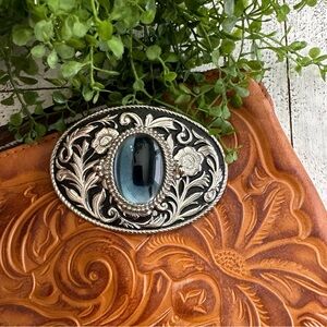 Silver Black Floral Belt Buckle with blue gray resin oval center accent